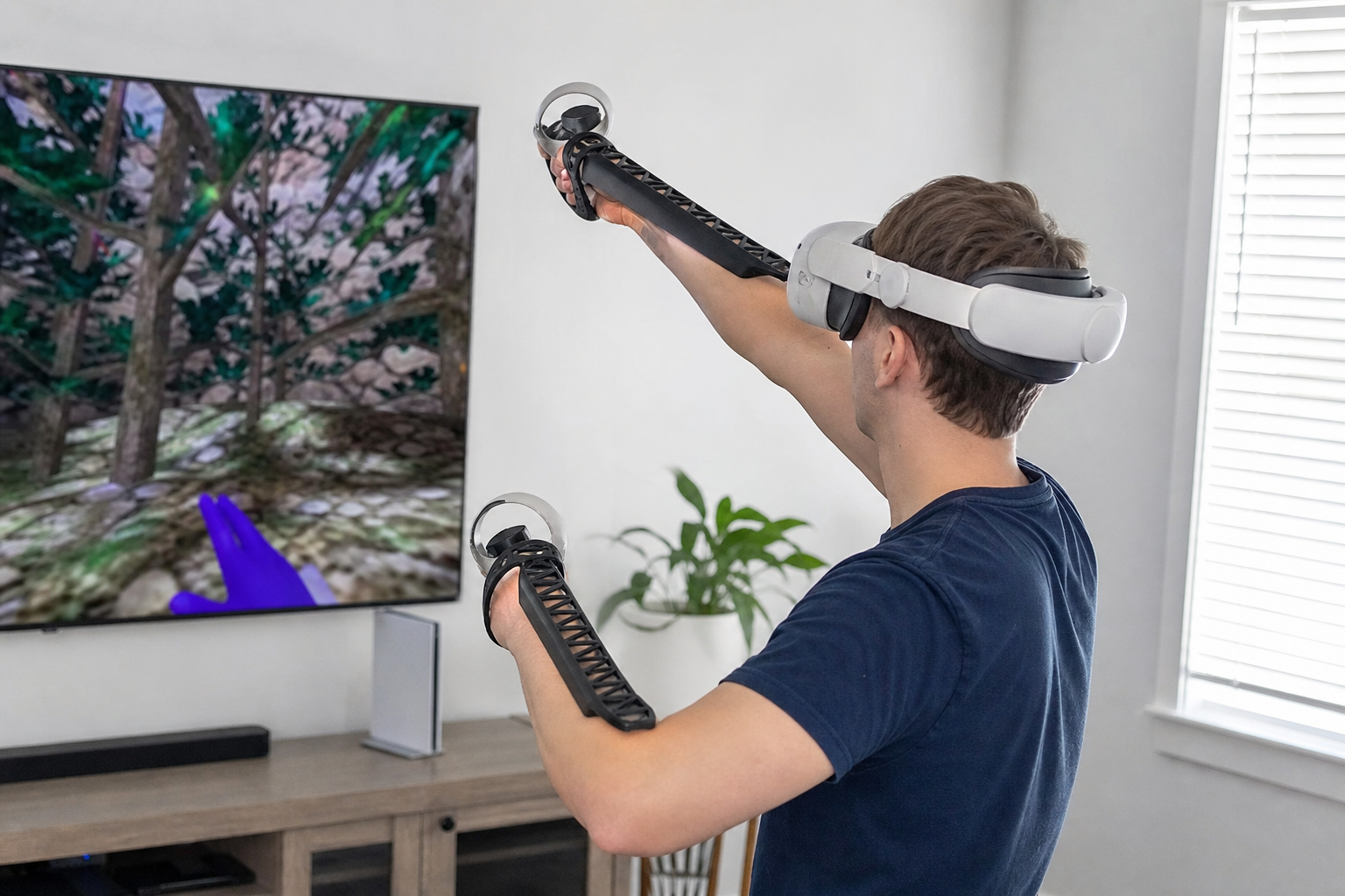 A split screen showing a player's view with Long Arms on one side and bare controllers on the other