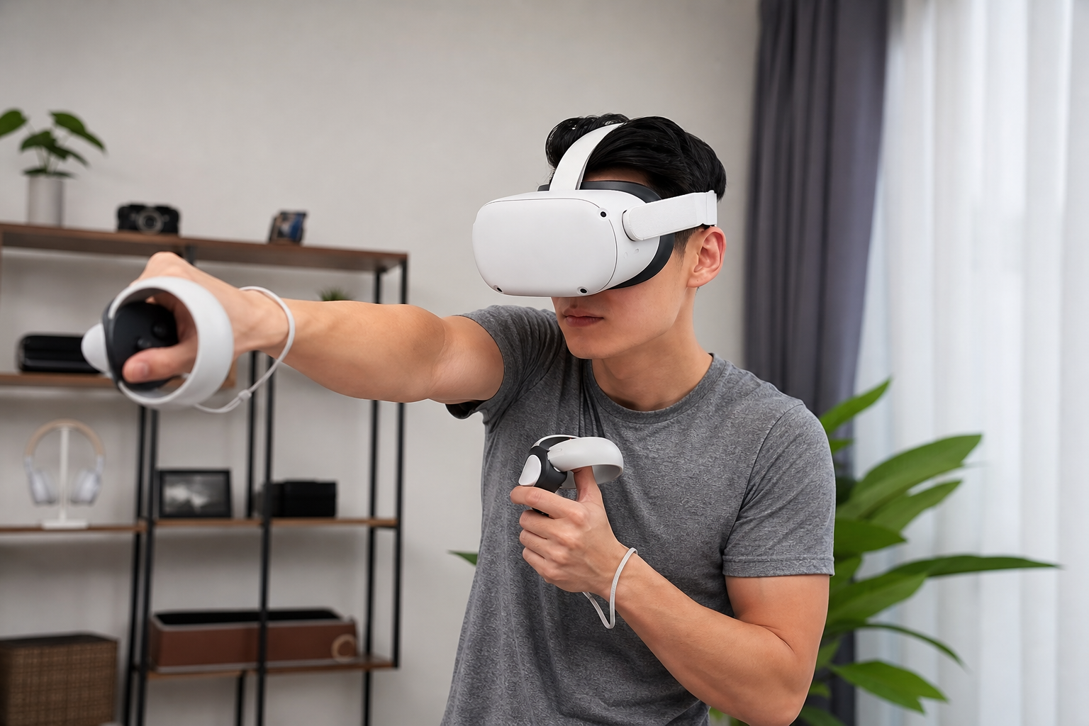 A smiling family taking turns playing a VR game in their living room