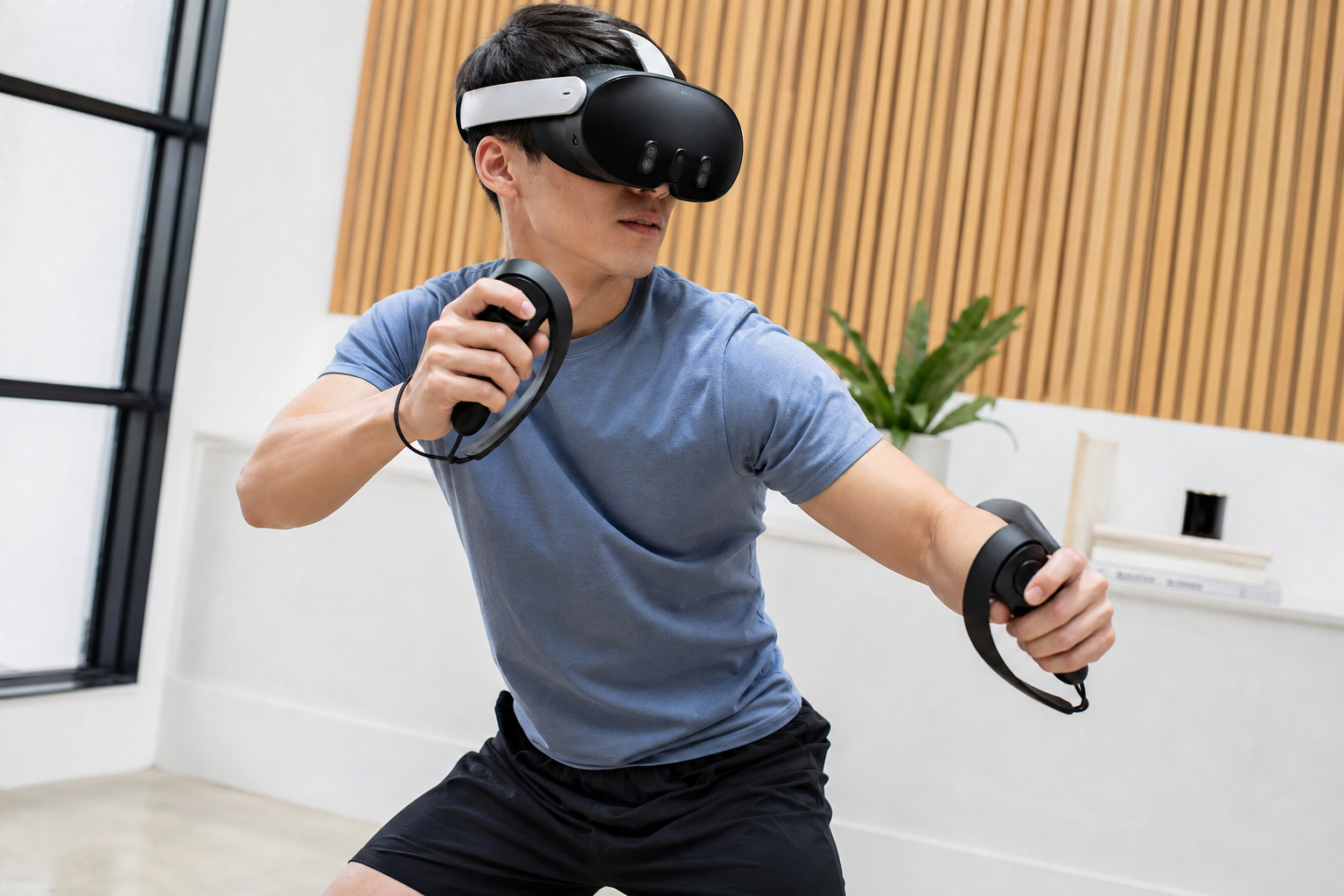 A person in a workout pose using a Meta Quest headset with a silicone strap, looking focused during a VR fitness game.