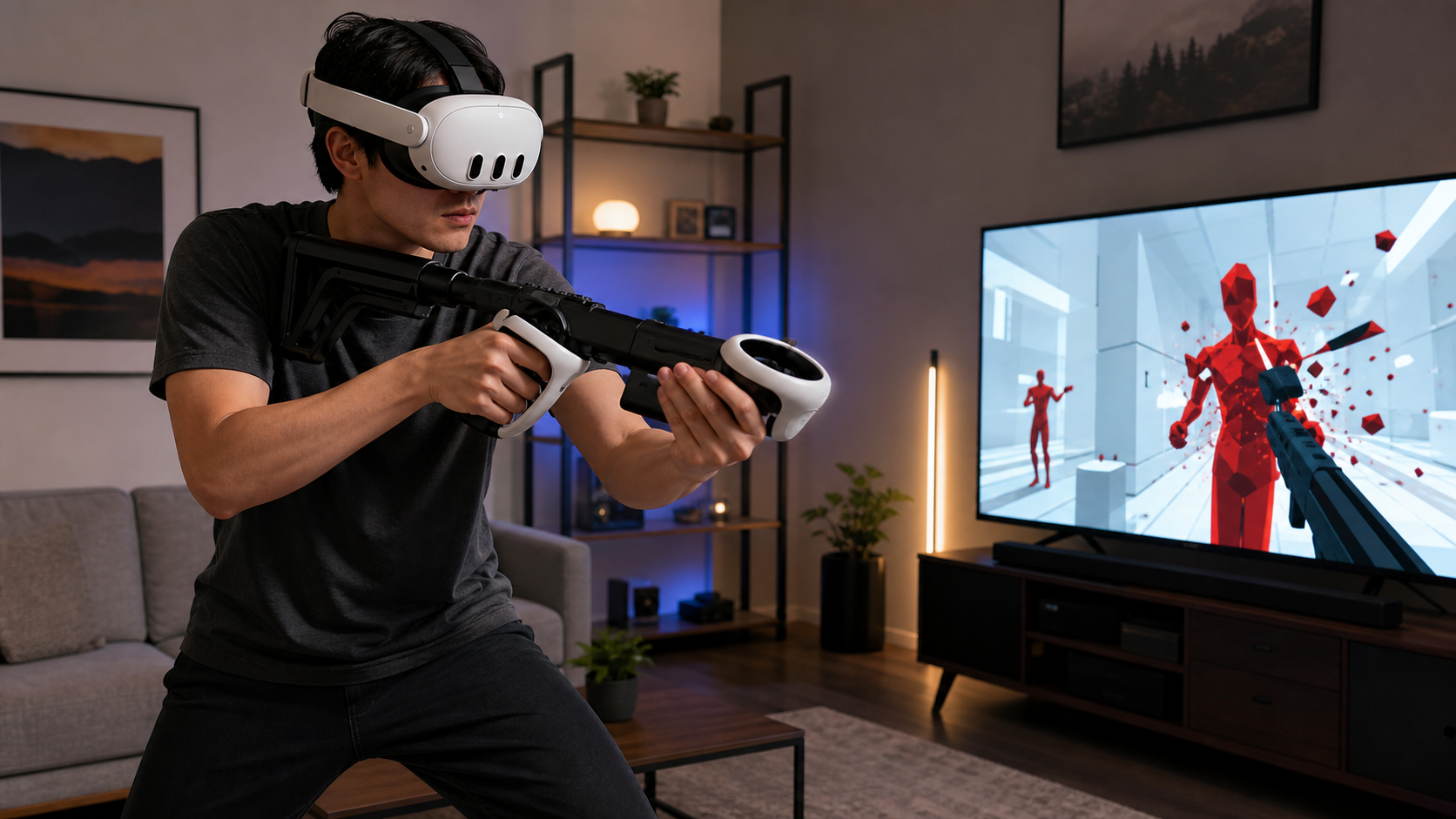 Person in a living room using a VR gun stock for Quest Pro controllers, looking focused during an intense game