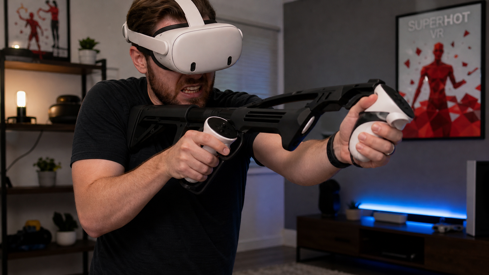 A VR player awkwardly trying to aim with their left hand using a gun stock, looking frustrated