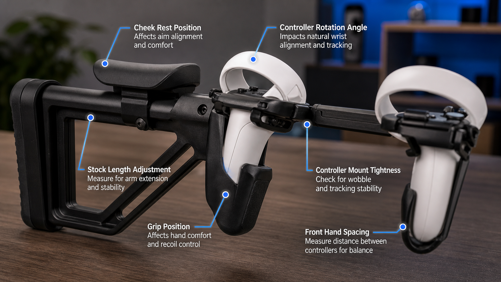 Close-up of a VR gun stock showing how it connects to the controllers, highlighting potential measurement points
