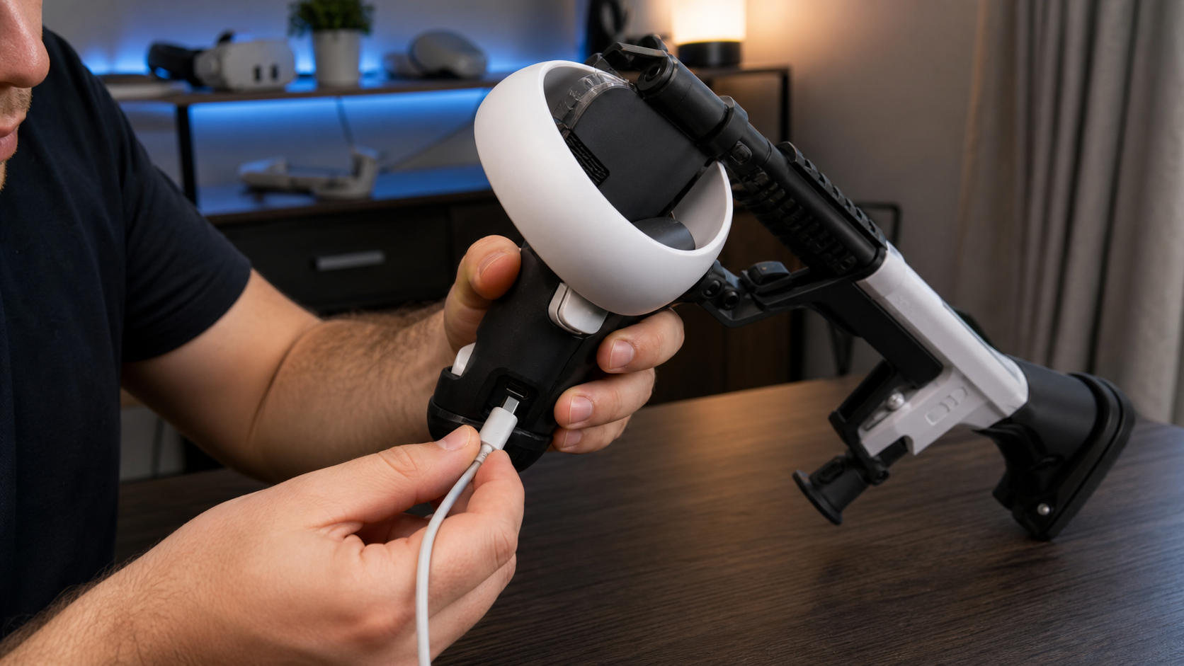 A user struggling to connect a charging cable to a Quest Pro controller mounted in a VR gun stock