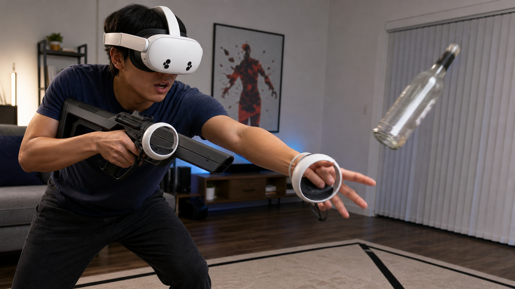 A player in Superhot VR trying to throw a bottle while their hands are constrained by a gun stock