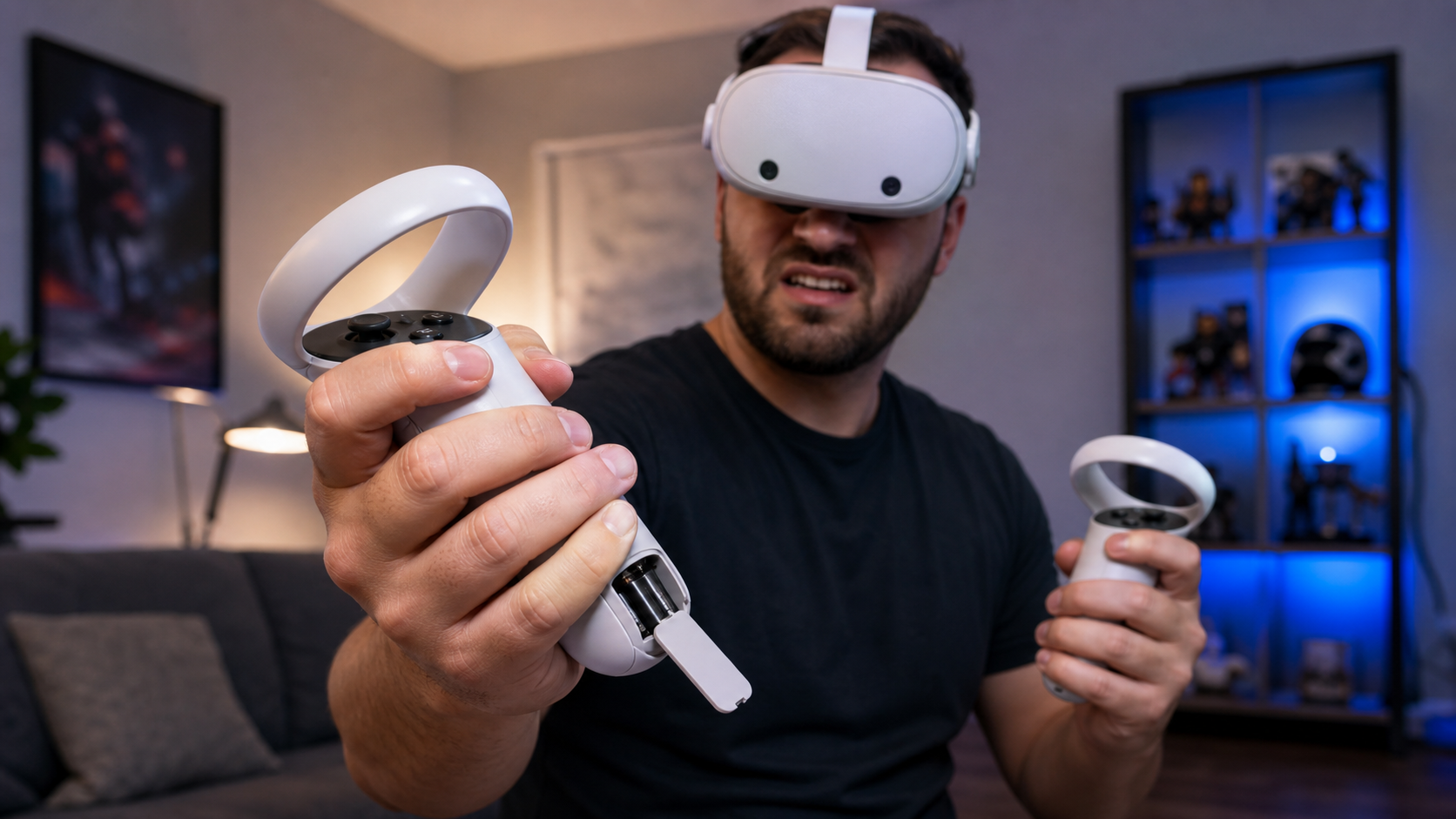 A person with large hands looking frustrated as the battery door on a VR controller slides open during a game