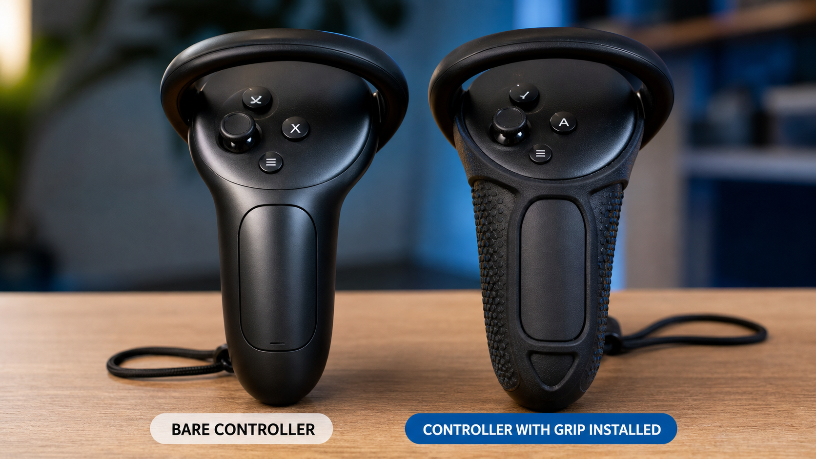 A side-by-side comparison of a bare Quest Pro controller and one with a secure grip installed