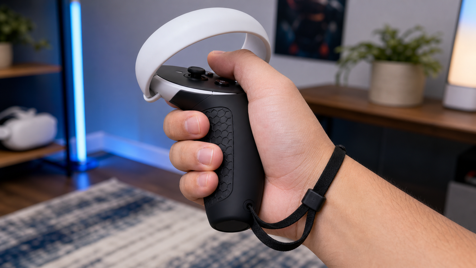 A close-up shot showing a hand comfortably holding a VR controller with a grip, highlighting the secure fit