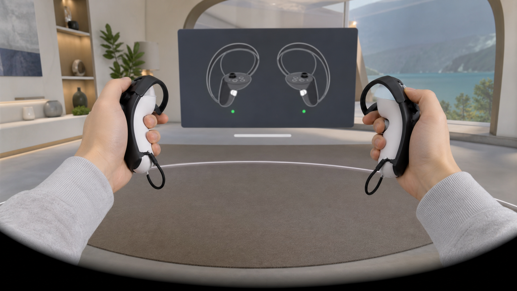 A first-person view from inside a VR headset, showing hands rotating controllers to check for sensor alignment