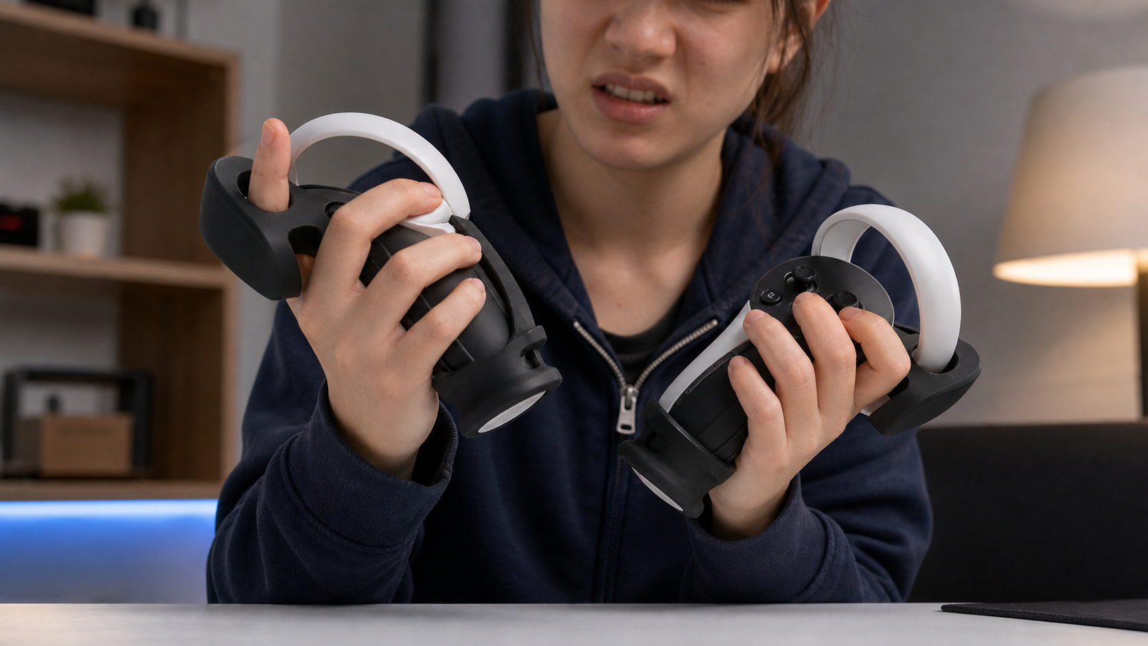 A person with smaller hands struggling to hold a bulky VR controller with an oversized grip
