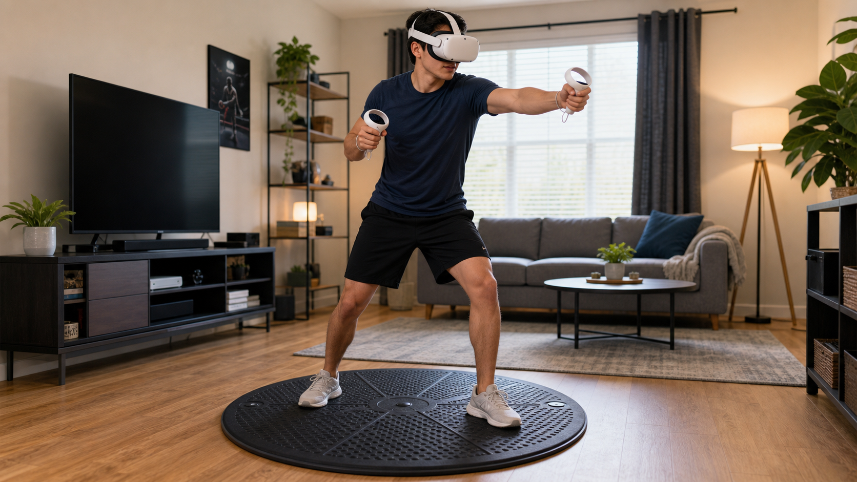 A person wearing a VR headset confidently stands on a round VR mat in the center of their living room
