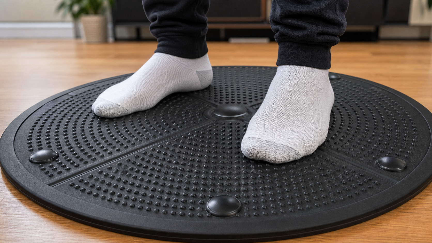 A close-up view of a person's feet on a VR mat showing the textured bumps that help with center-finding