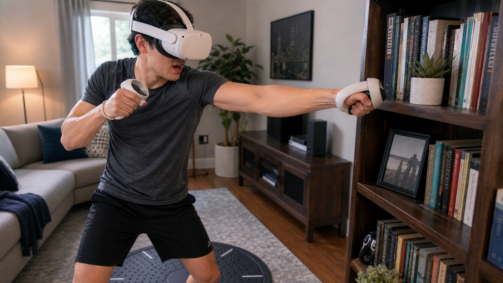A person playing a VR boxing game whose outstretched arm is dangerously close to a bookshelf in their living room