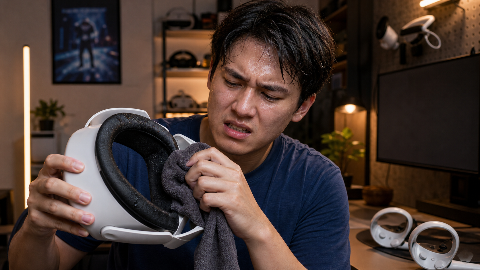 A VR gamer in a warm room looks frustrated while wiping sweat off their headset's foam interface.