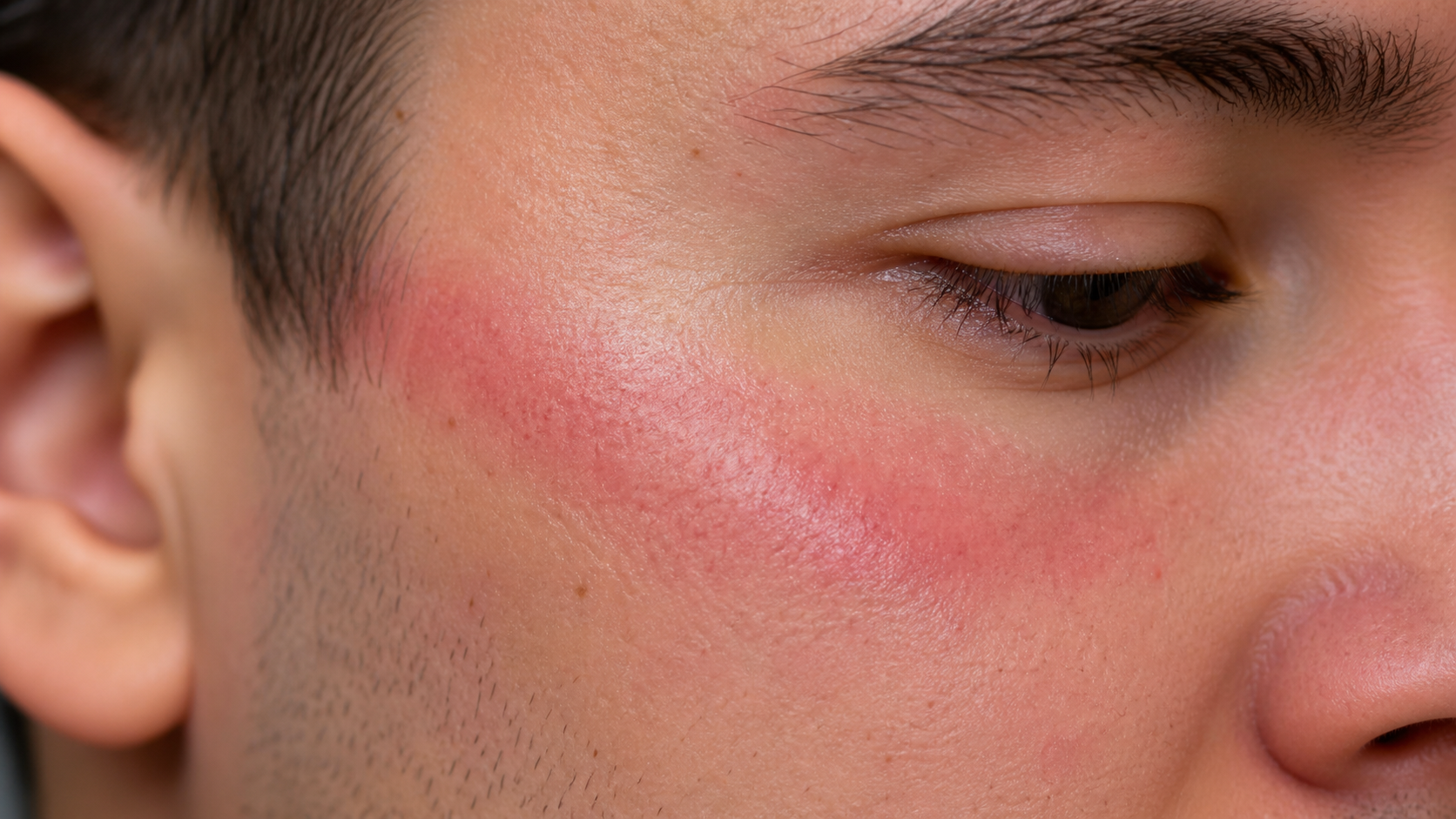 A close-up view of slight skin redness on a person's face where a VR sweat mask's edge would sit.