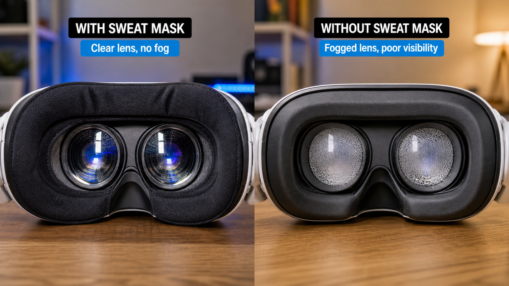 A side-by-side image comparing a clear VR lens with a sweat mask versus a fogged-up lens without one.