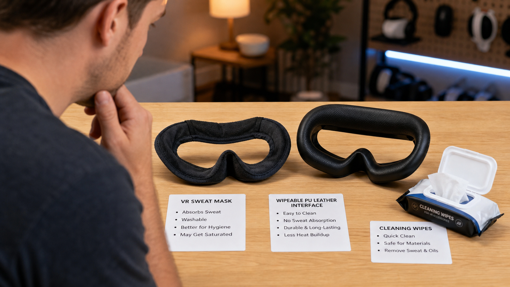 A person looking at a table with a VR sweat mask, a wipeable PU leather interface, and cleaning wipes.