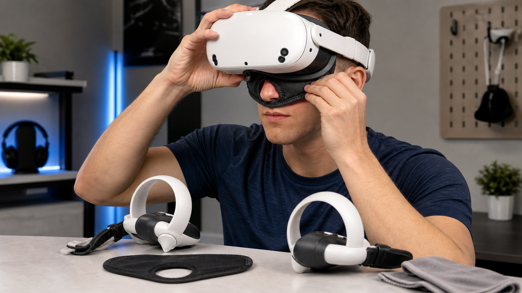 A VR user with Quest Touch Plus controllers carefully fitting a sweat mask under their headset before playing.