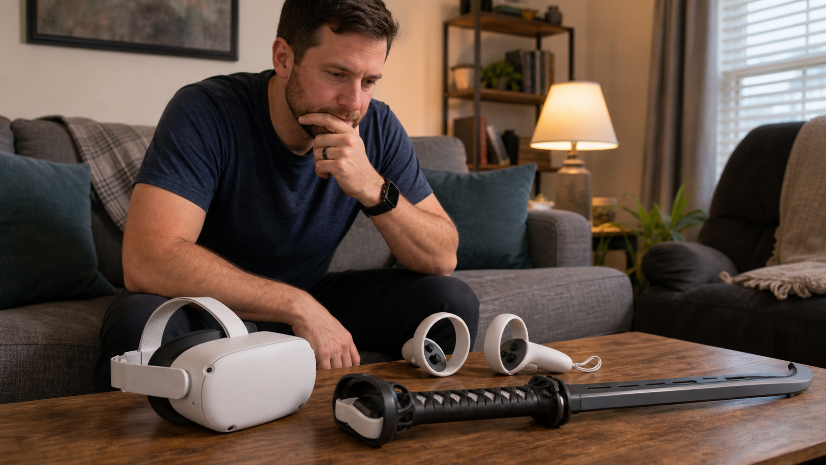 A parent looking at a VR sword accessory on a coffee table next to a Meta Quest 2 headset.