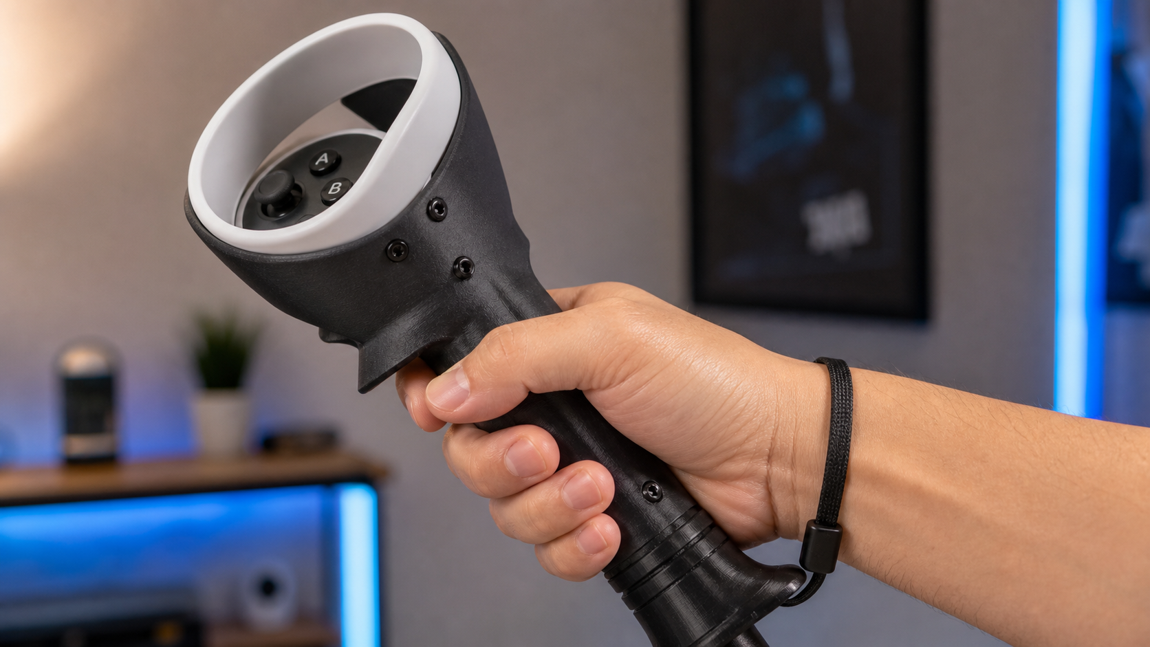 A close-up view of a hand gripping a VR sword handle with the Quest 2 controller inside.