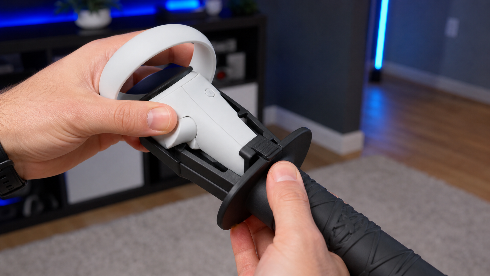 A Meta Quest 2 controller being securely clipped into a black VR sword handle accessory.