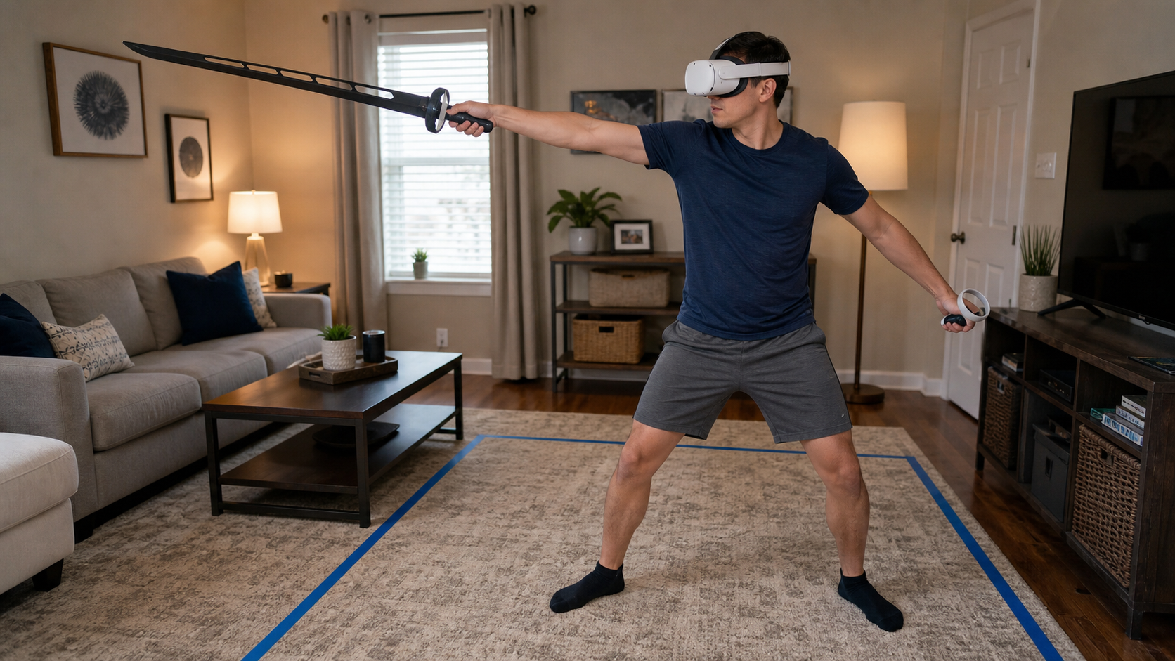 A person stands in their living room with a VR sword fully extended to show the large play area needed.