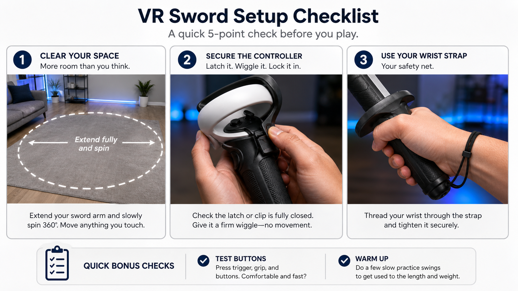 A checklist graphic showing a cleared space, a latched controller, and a hand with a wrist strap.