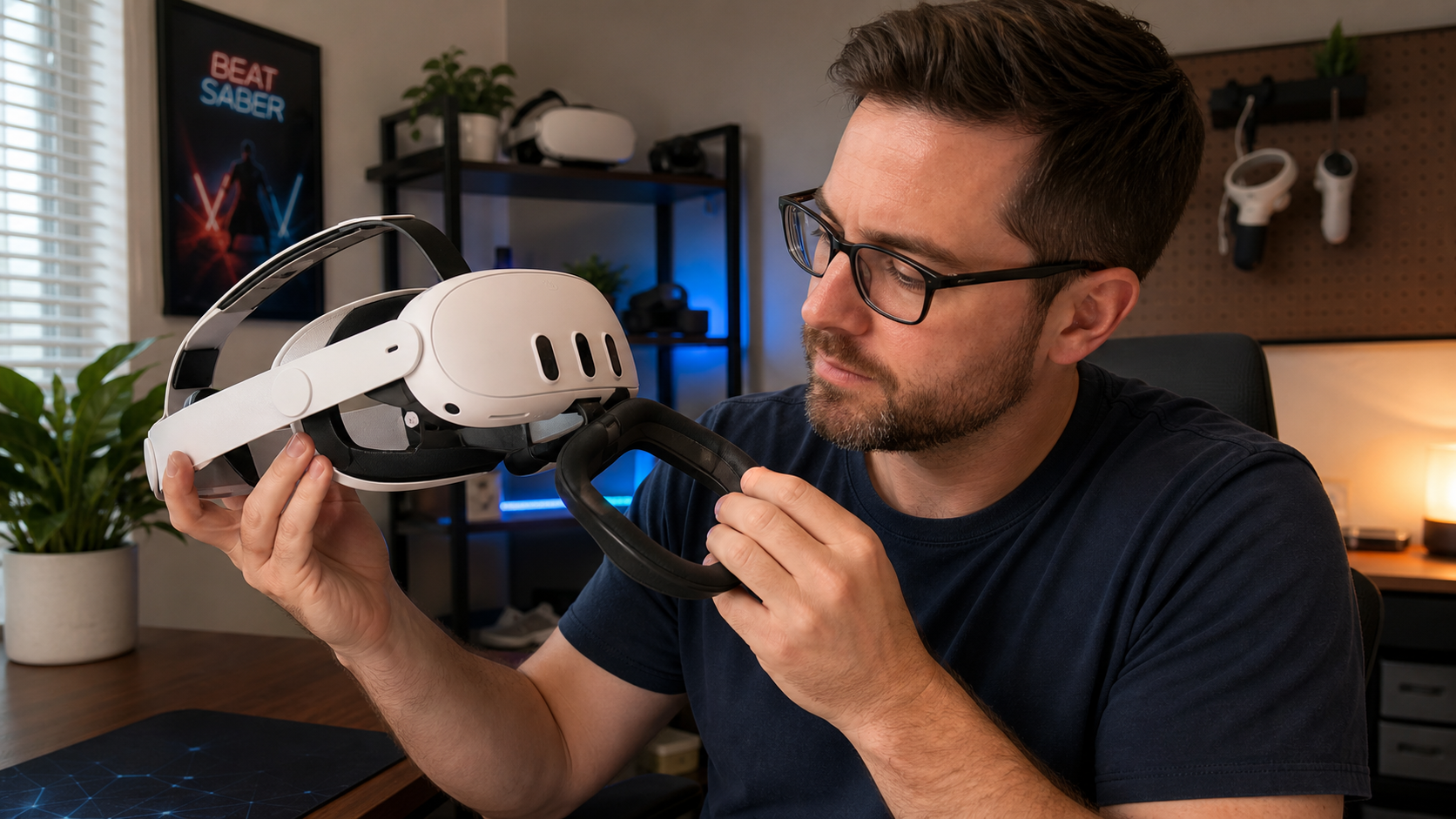 A family member wearing glasses looking at a Quest 3 headset with an open-style facial interface attached.