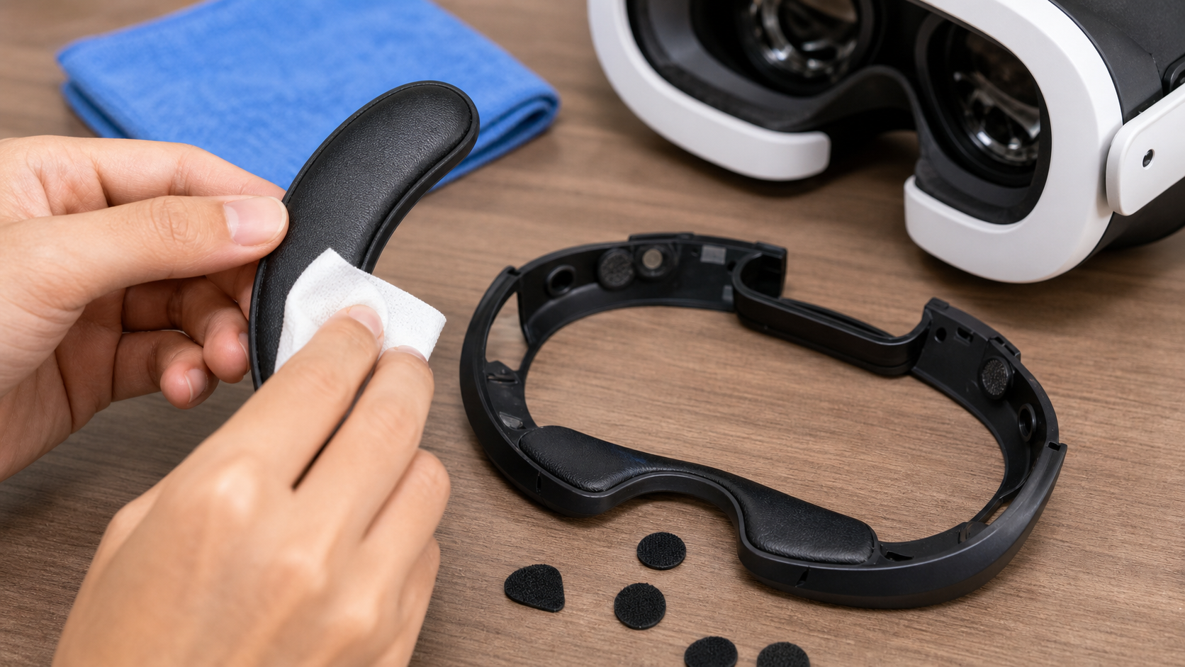 Hands wiping down the thin, removable foam pads of an open facial interface next to a VR headset.