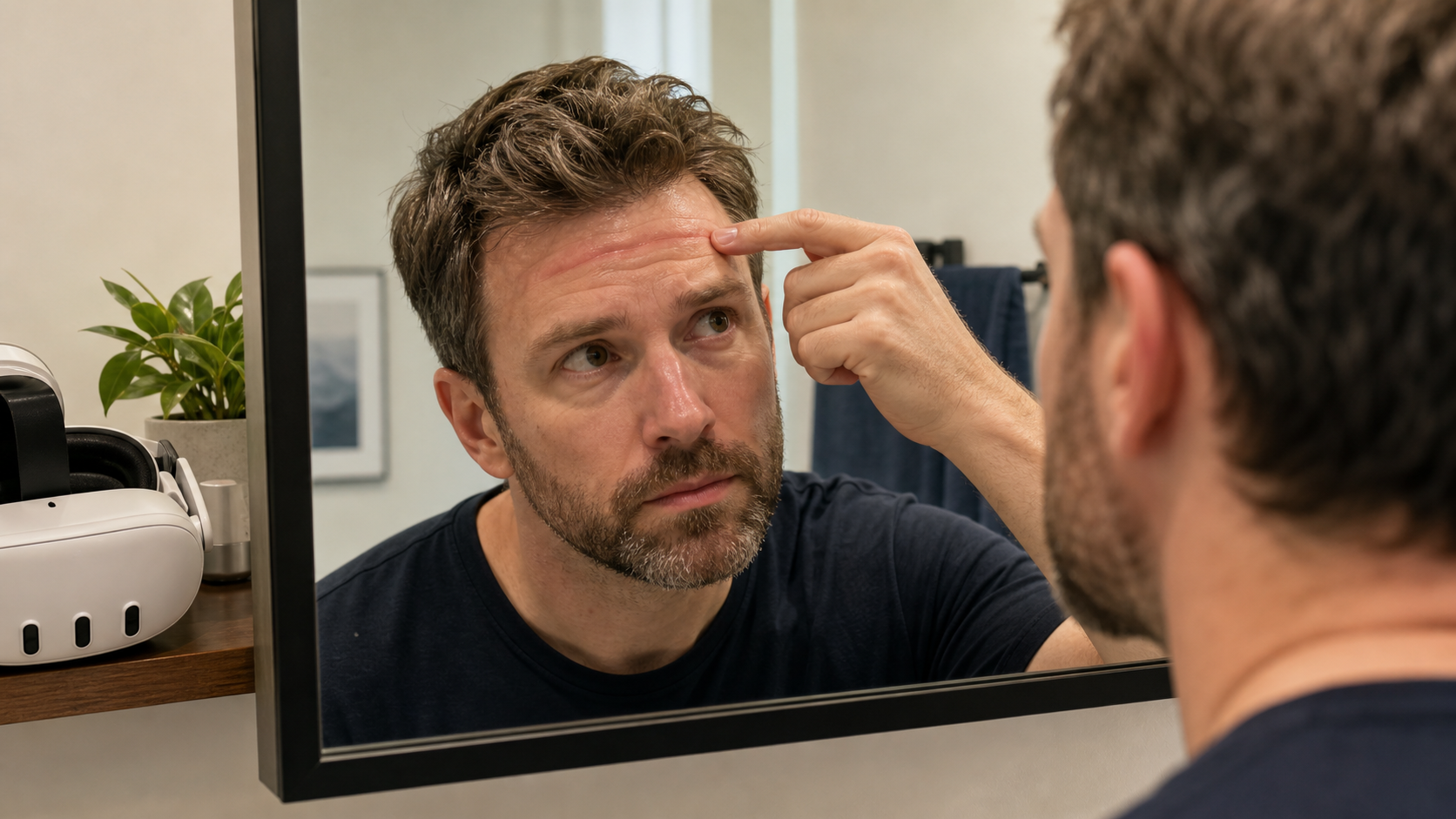 A person looking in the mirror at the sharp red line left on their forehead by an open VR facial interface frame.