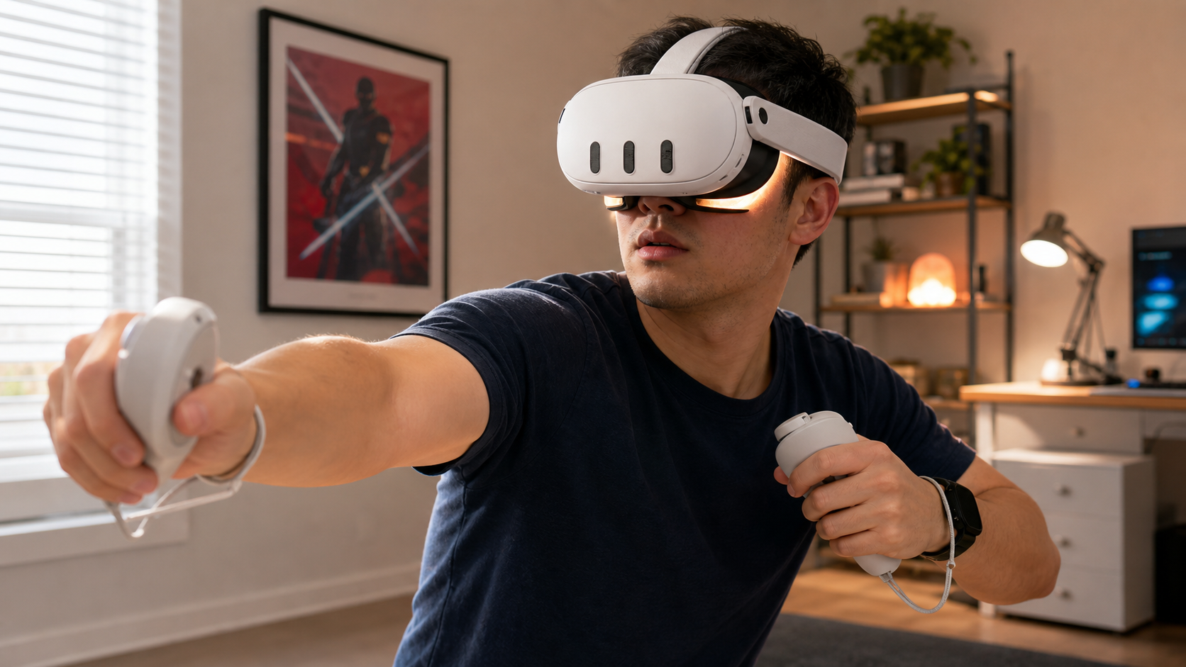 A person playing a VR game in a bright room with visible light leaking in from the sides of their open interface.