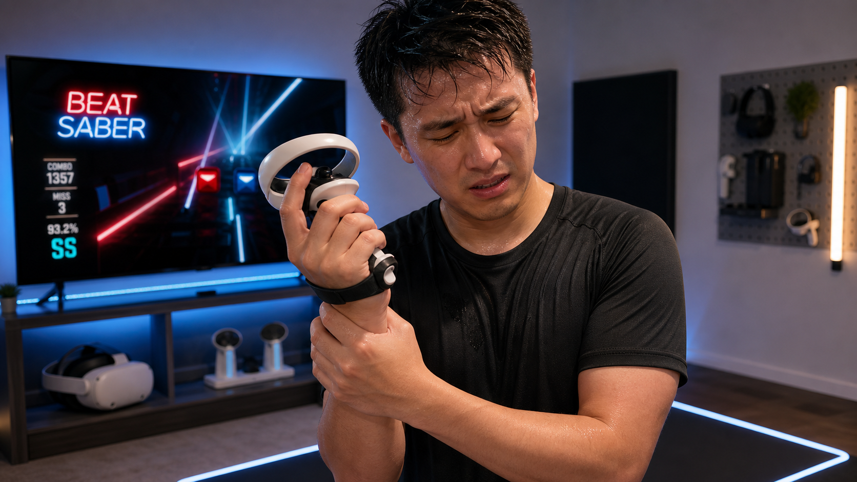 Expert Plus Beat Saber player looking at their wrist with a strained expression after a fast song