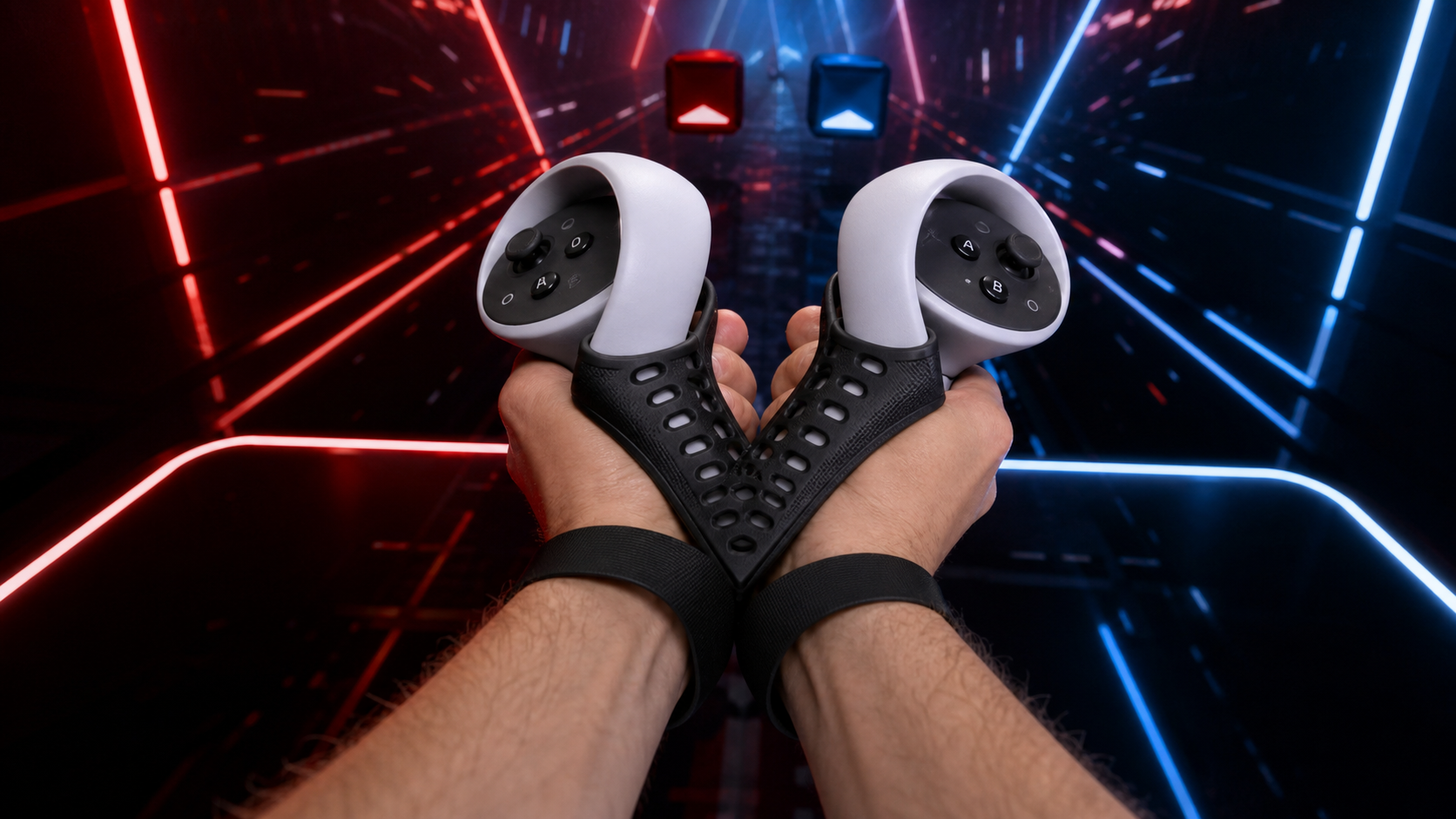 A first-person view of Quest 3 controllers with Beat Saber Grips nearly touching during a fast crossover