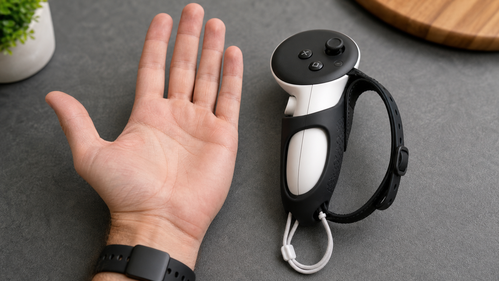 A player's hand next to a Quest 3 controller with a grip, showing the size and fit comparison