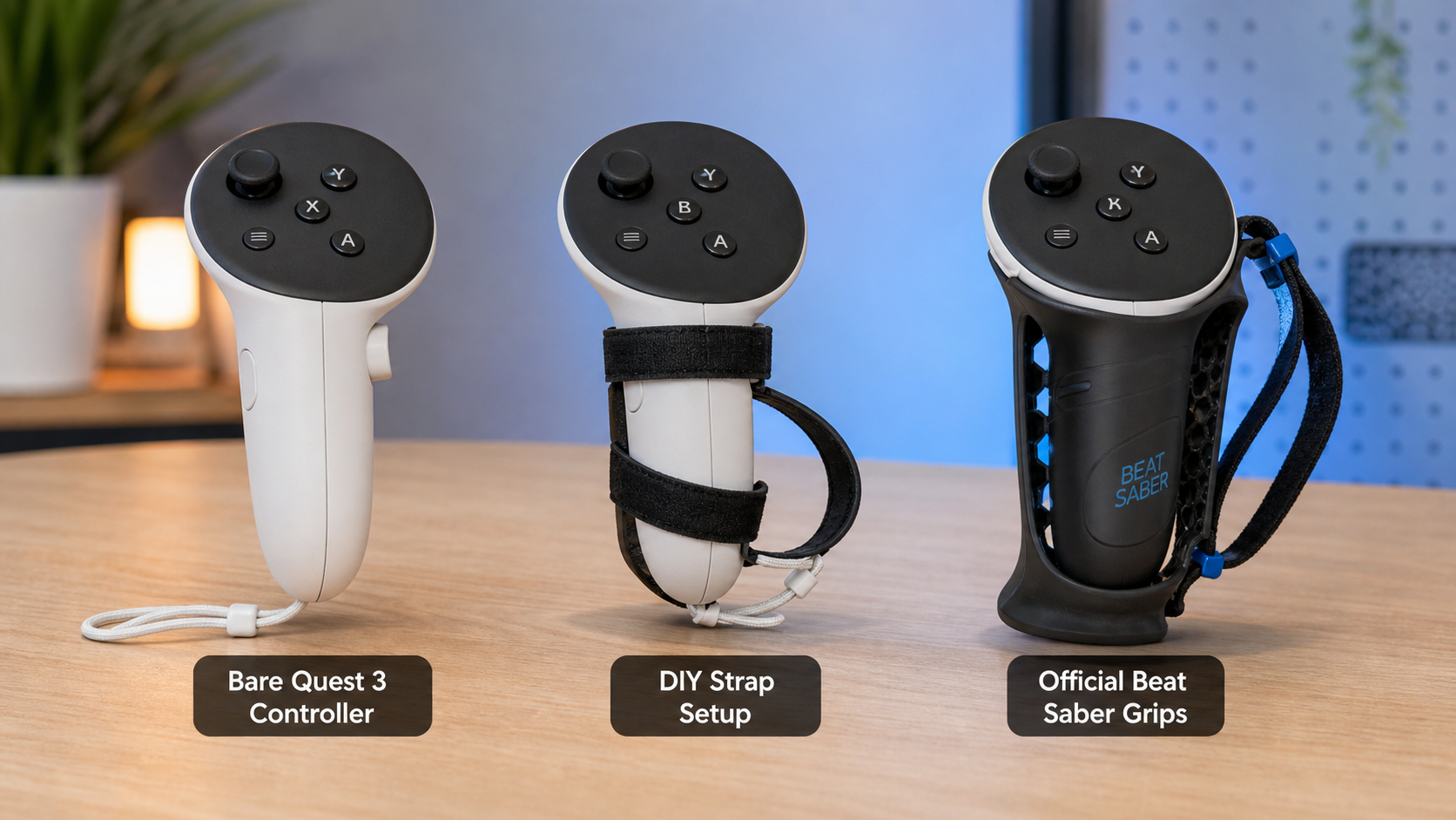 A side-by-side view of a bare Quest 3 controller, one with a DIY strap, and one with official Beat Saber Grips