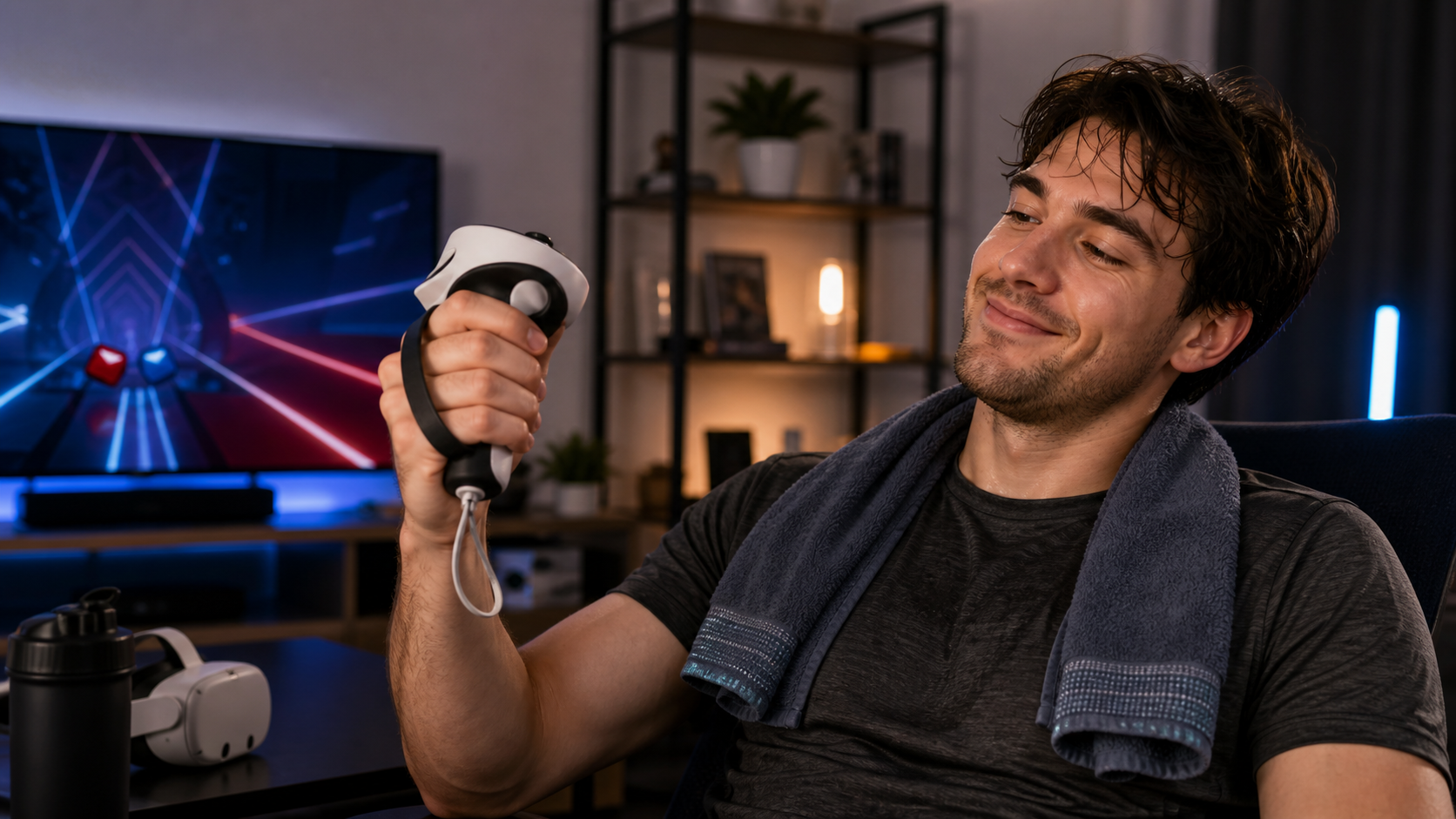 A player comfortably holding a Quest 3 controller with a Beat Saber Grip, looking relaxed after a long play session