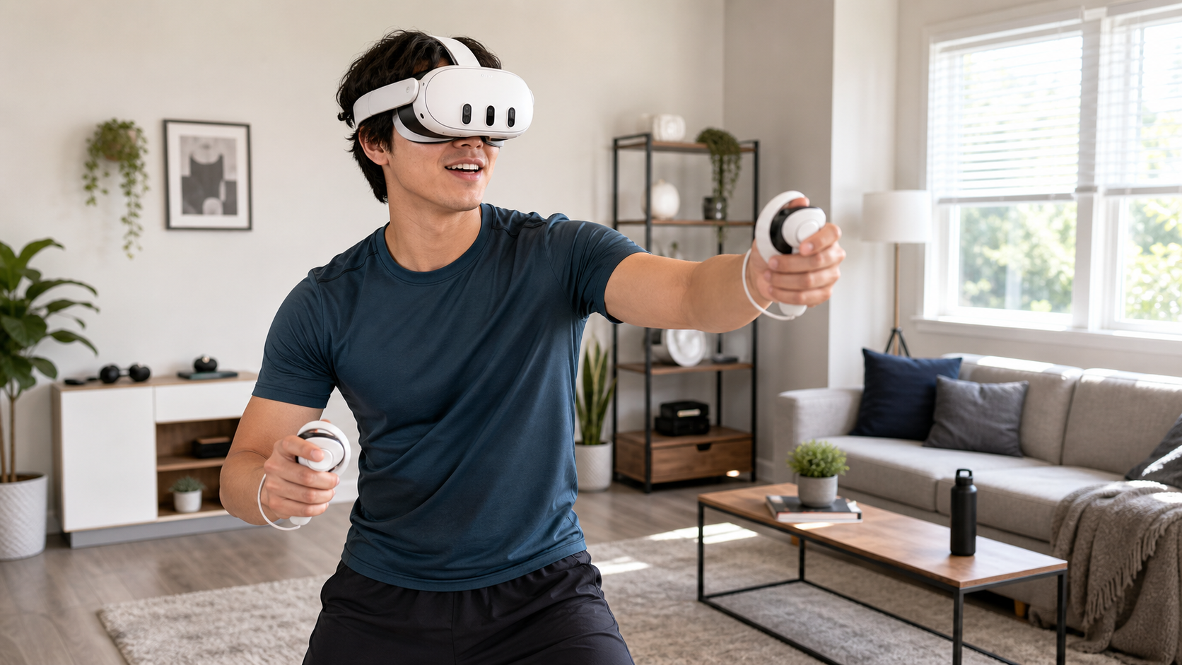 A user in a bright room looks comfortable wearing a Quest 3 with an open facial interface