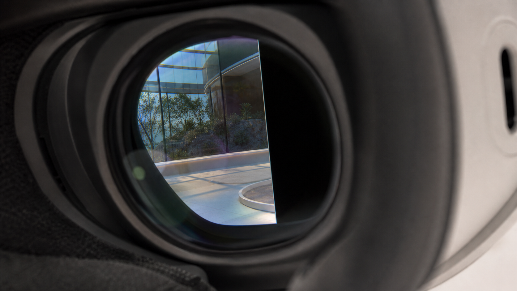 A close-up view through a Quest 3 lens showing the edge of the virtual screen