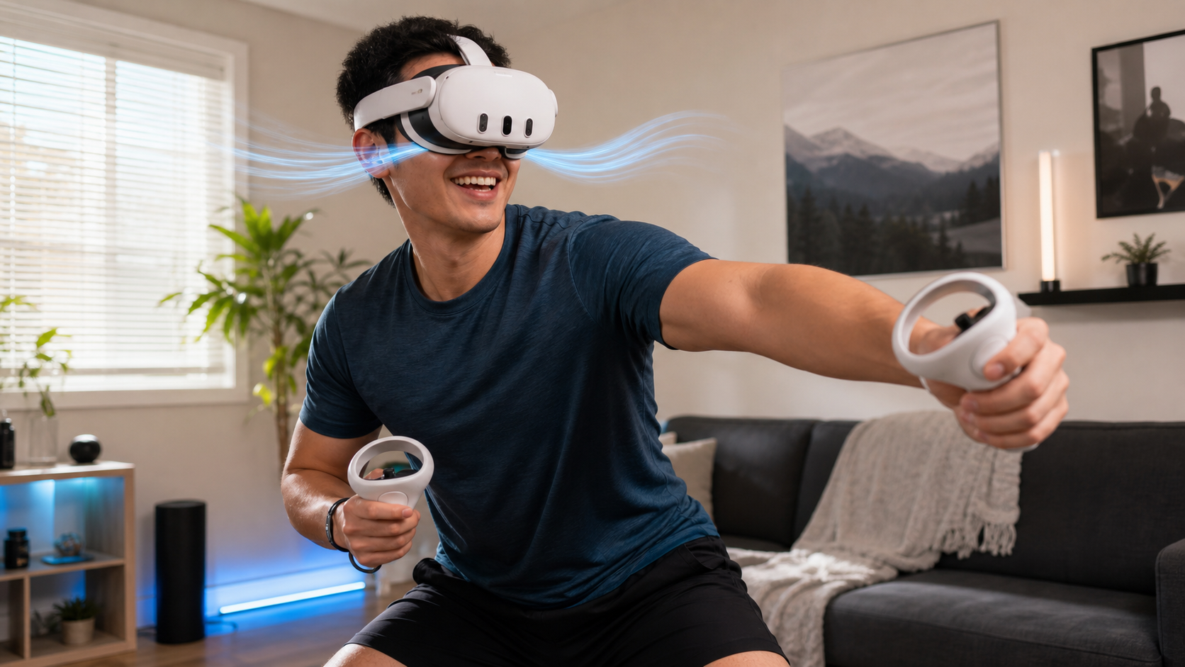 A person smiling while playing an active VR fitness game, showing the gap for airflow with an open interface