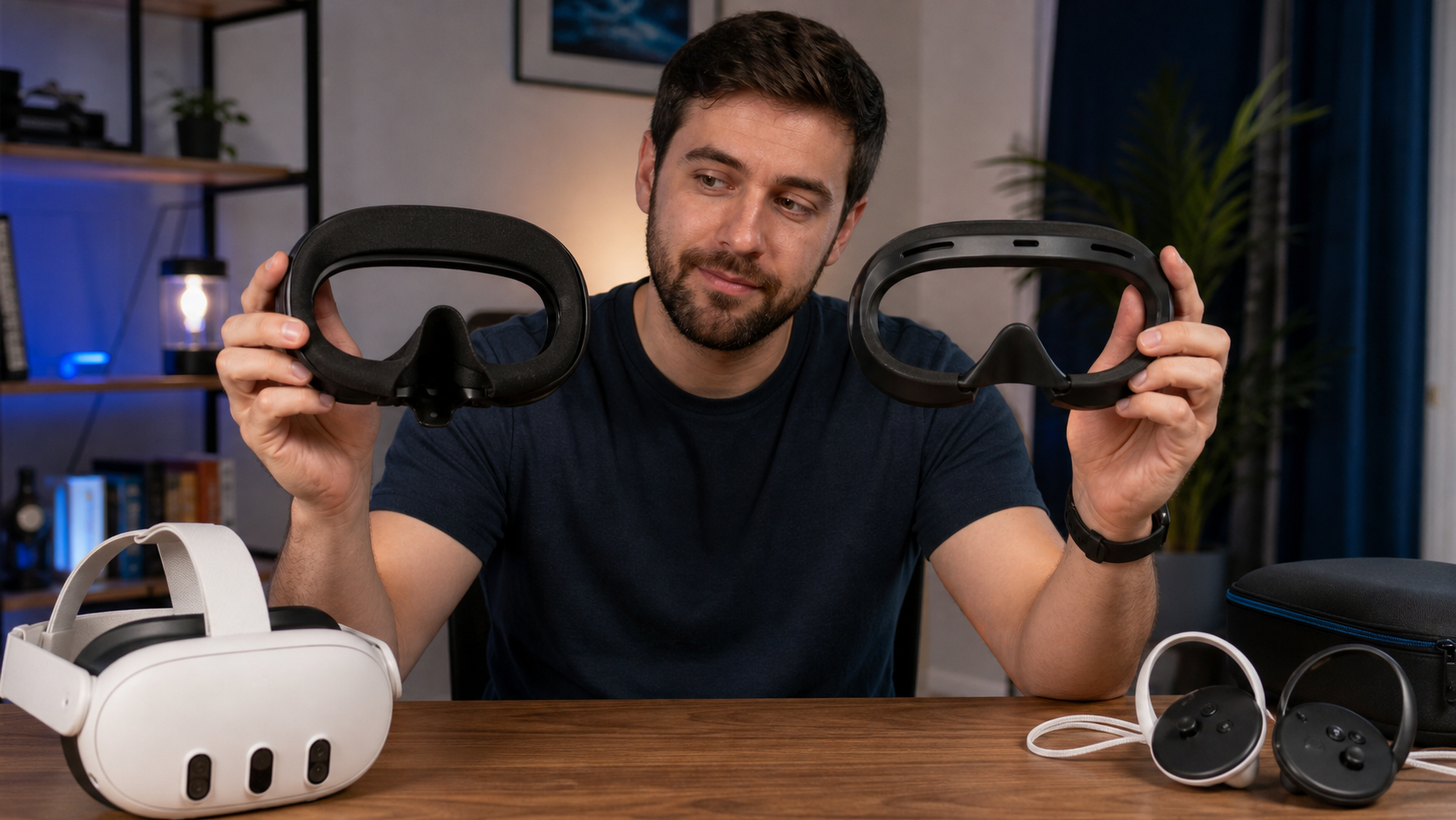 A Quest 3 user holds the standard facial interface in one hand and an open-style one in the other