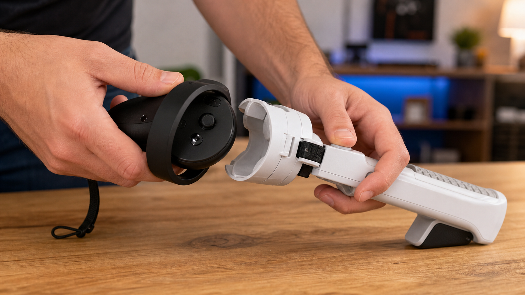 A Quest Pro controller is being inserted into a VR golf club attachment on a wooden table.