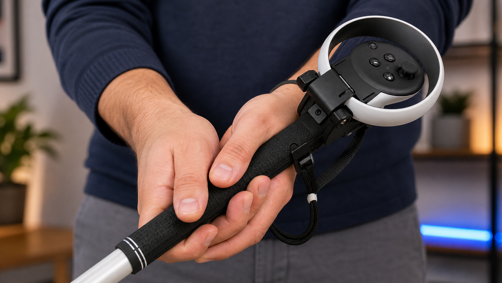 A person's hands gripping the VR golf club attachment, focusing on the controller and strap area.