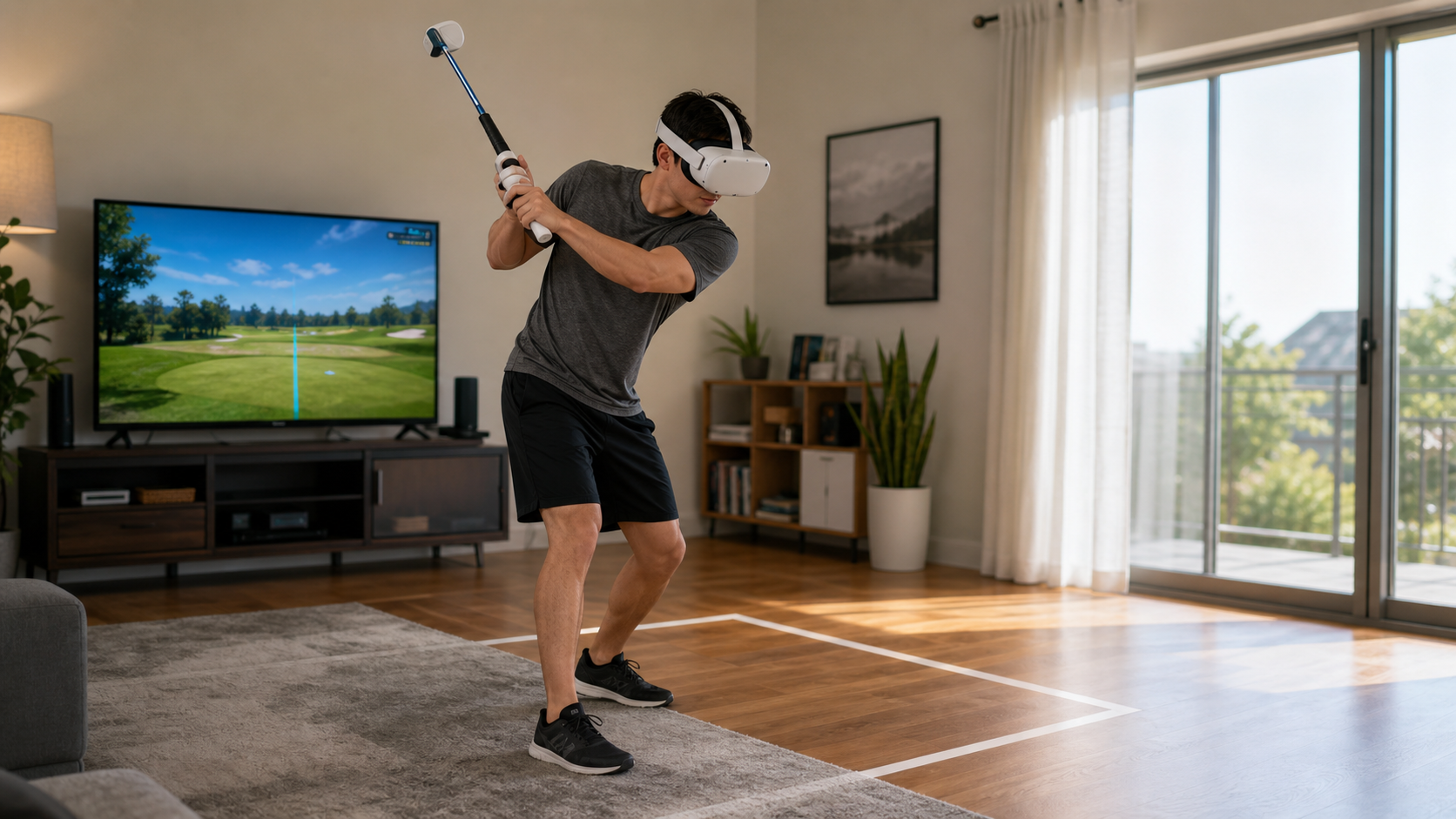 A person in their living room swinging the golf club accessory without any special testing equipment.