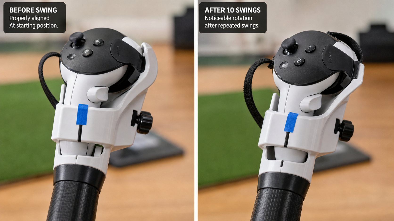 A side-by-side photo showing a controller securely clamped, then slightly misaligned after ten swings.