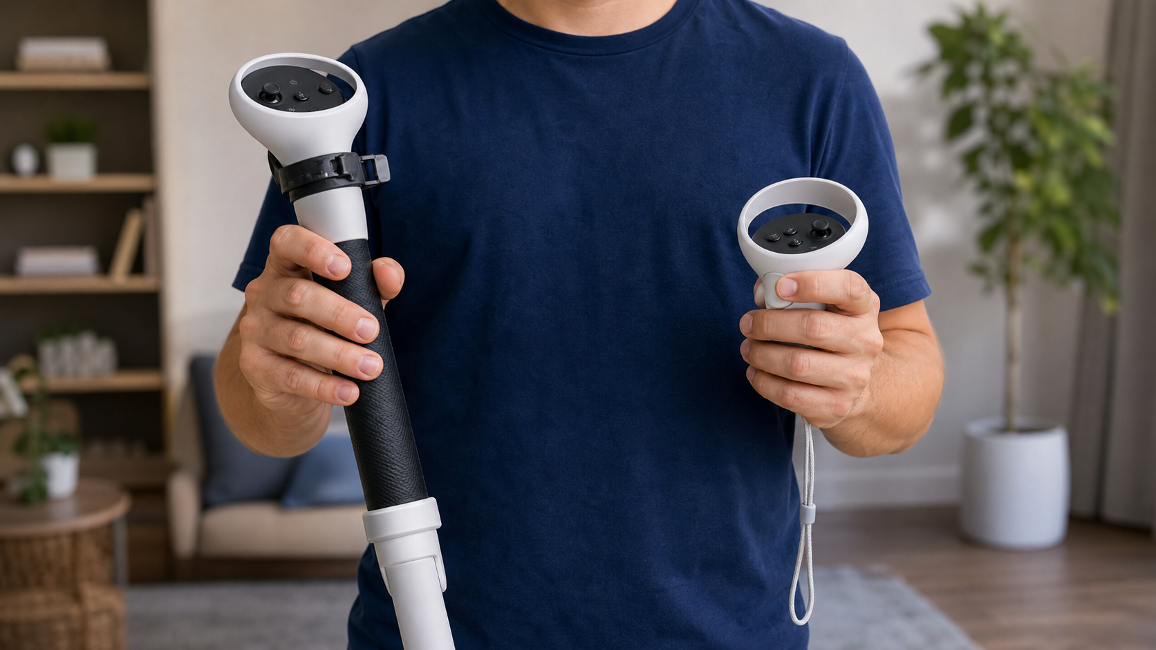 A person holding a VR golf attachment in one hand and a bare controller with a strap in the other.