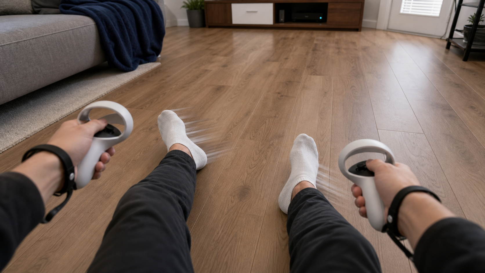 A first-person view of feet in socks slipping slightly on a laminate floor while playing VR