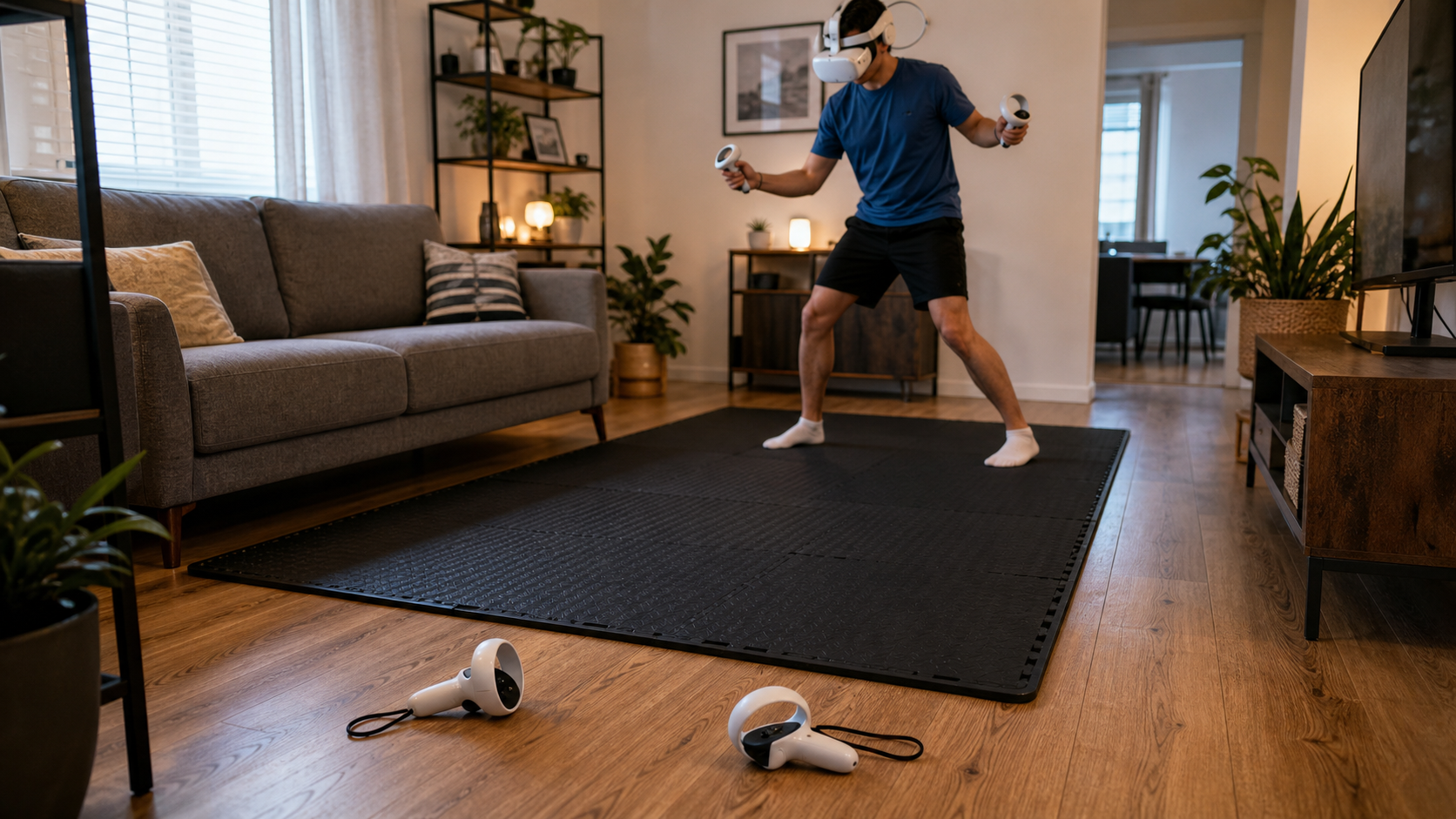 A VR play area set up in a shared living room with controllers resting on the floor