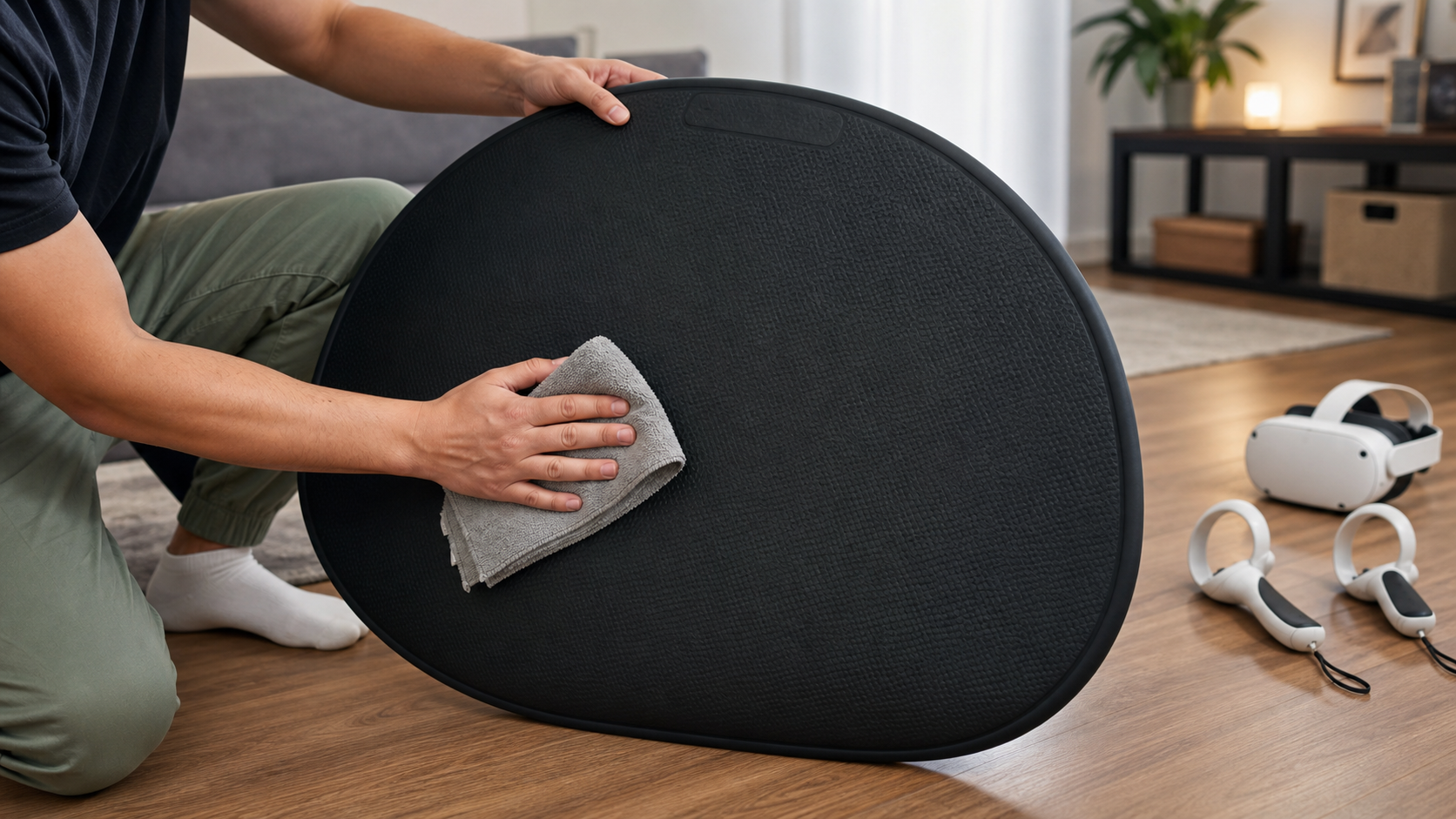 A person cleaning the underside of a black VR mat with a cloth before placing it down
