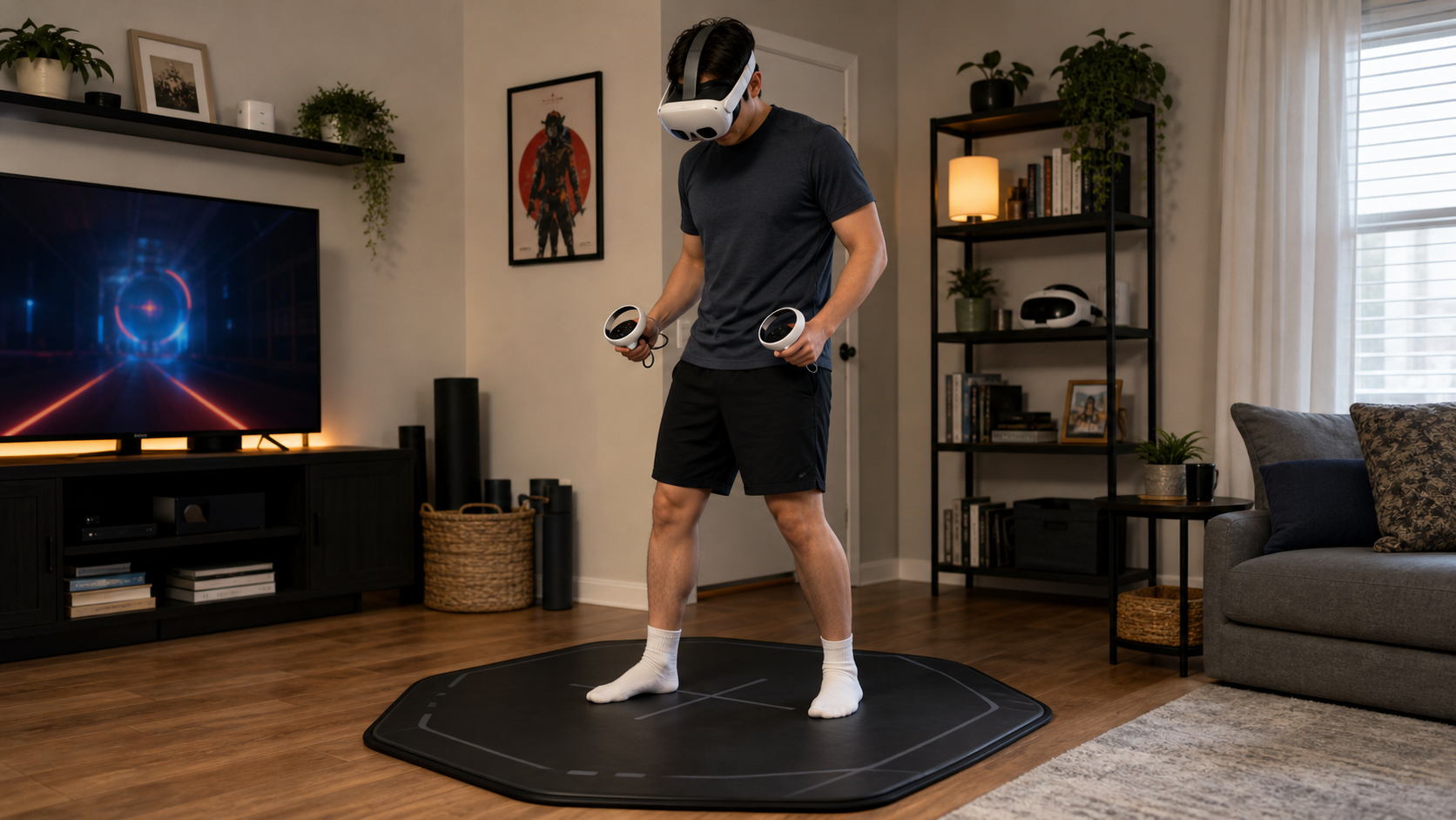 A VR user with Quest Pro controllers stands on a VR mat, considering its long-term usefulness