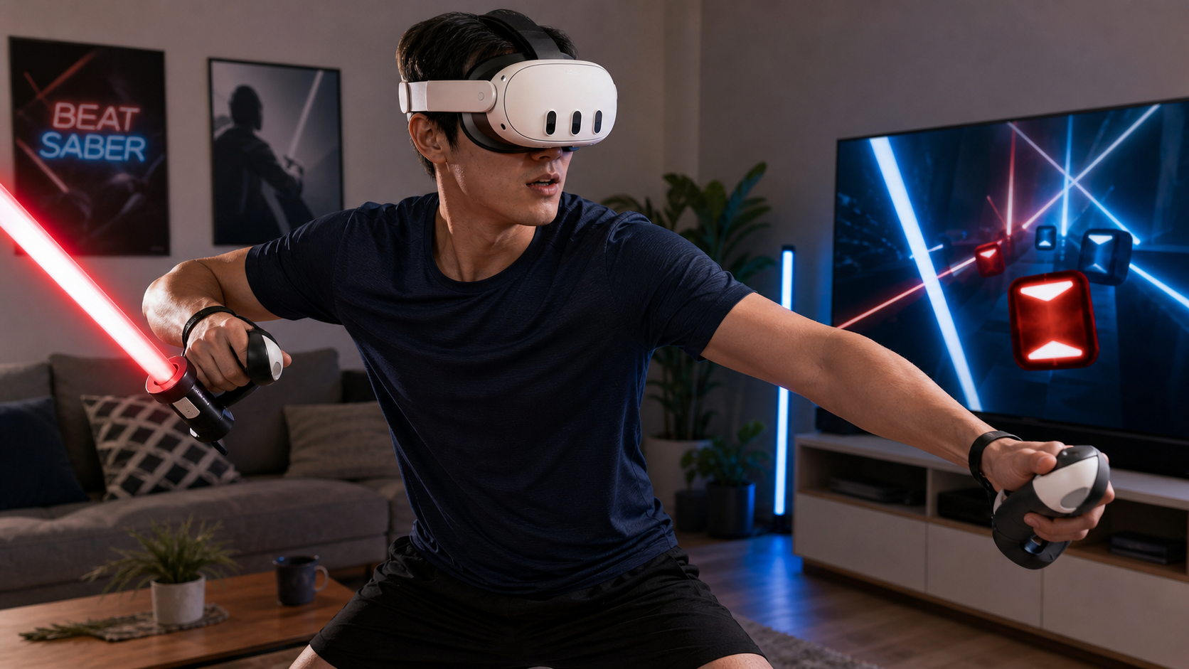 A Quest 3 user in their living room intensely playing Beat Saber with controller grips attached