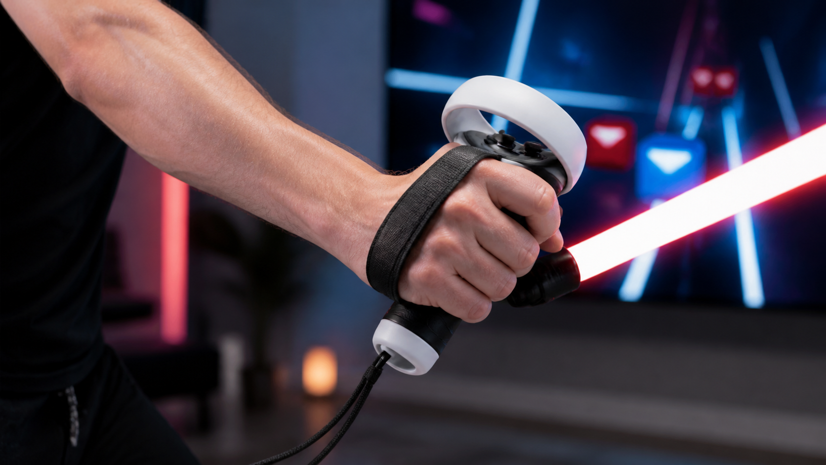 Close-up of a player's hand holding a Quest 3 controller with a Beat Saber grip, mid-swing